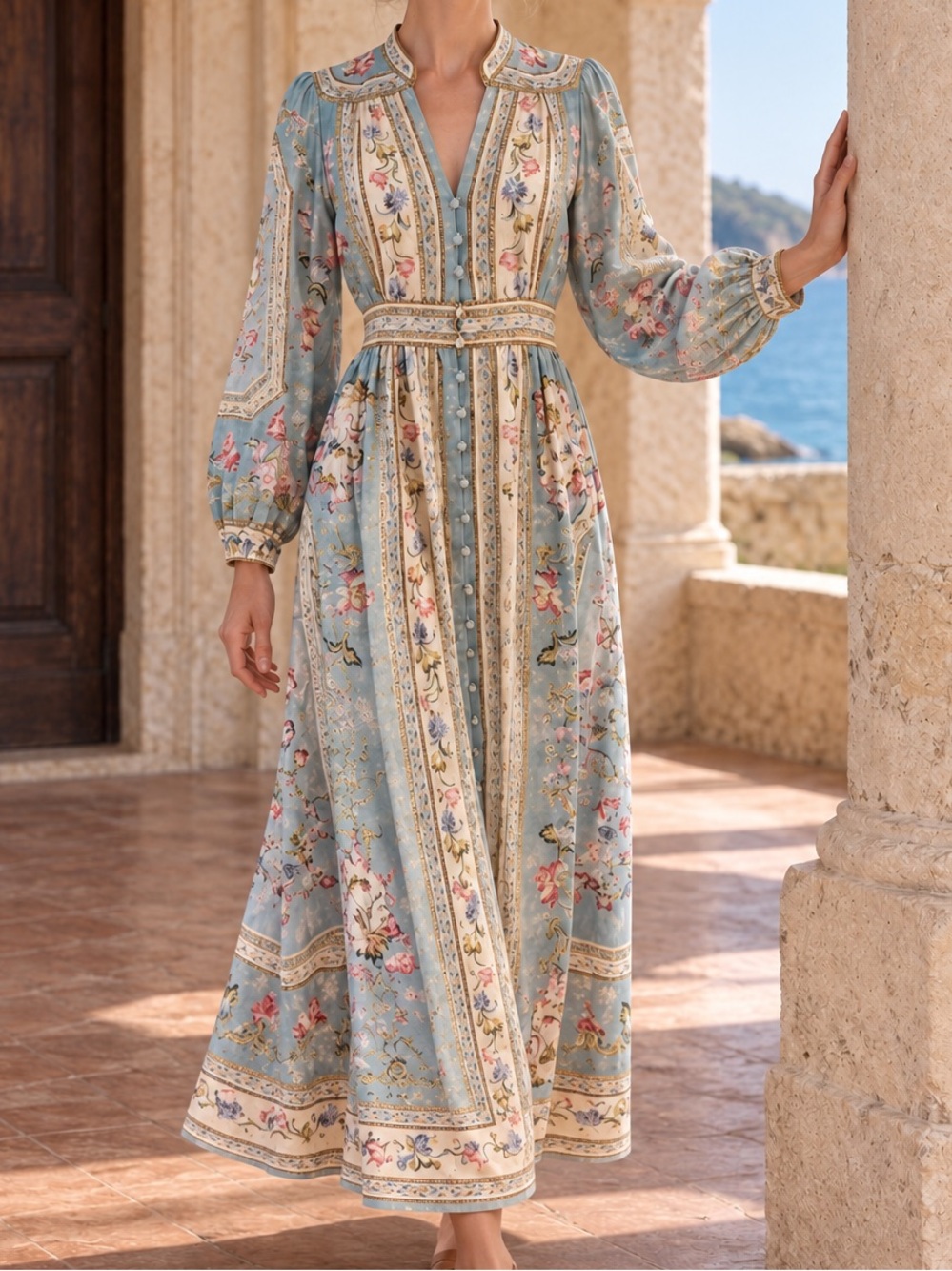 Zimmermann Roselight Plunge Long Sleeve Linen Silk Midi Dress Paisley Size 1